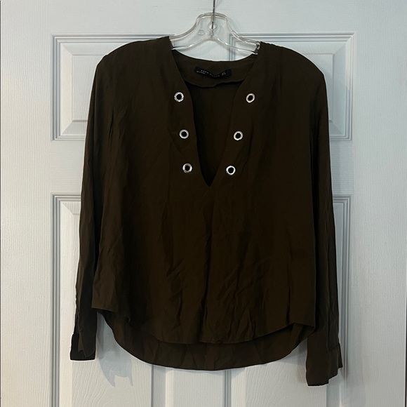 Zara Tops - Zara Dark Olive Grommet Blouse